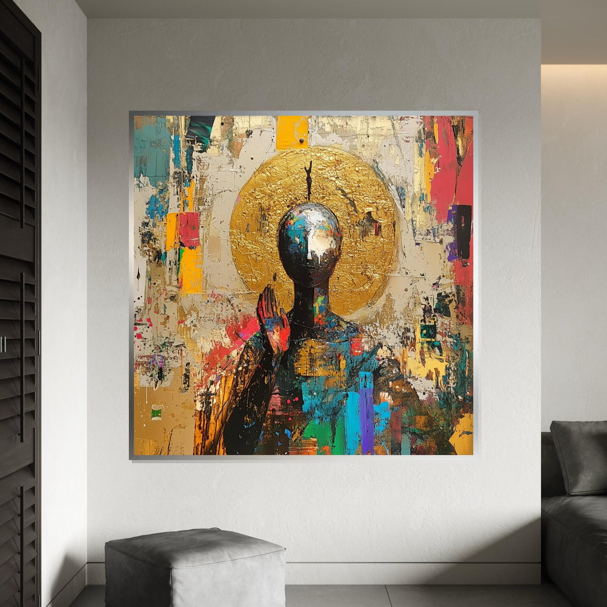 Abstract Spiritual Canvas Print, Buddha & Golden Aura Painting, Modern Zen Art, Meditation Decor, Sacred Symbolism Gift for Mindful Living