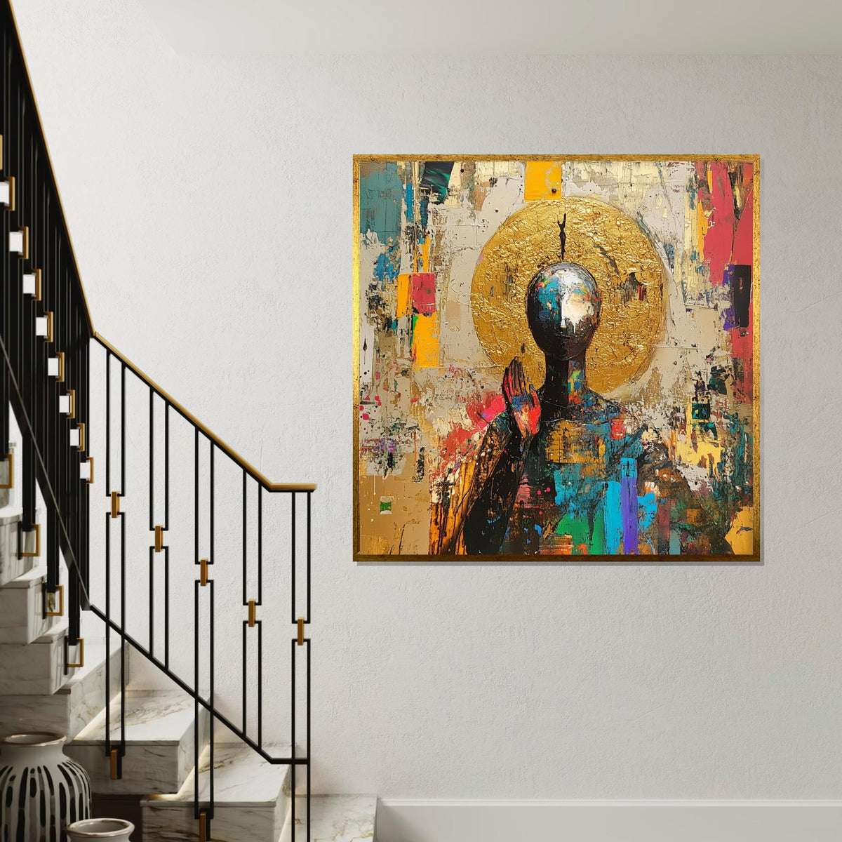 Abstract Spiritual Canvas Print, Buddha & Golden Aura Painting, Modern Zen Art, Meditation Decor, Sacred Symbolism Gift for Mindful Living