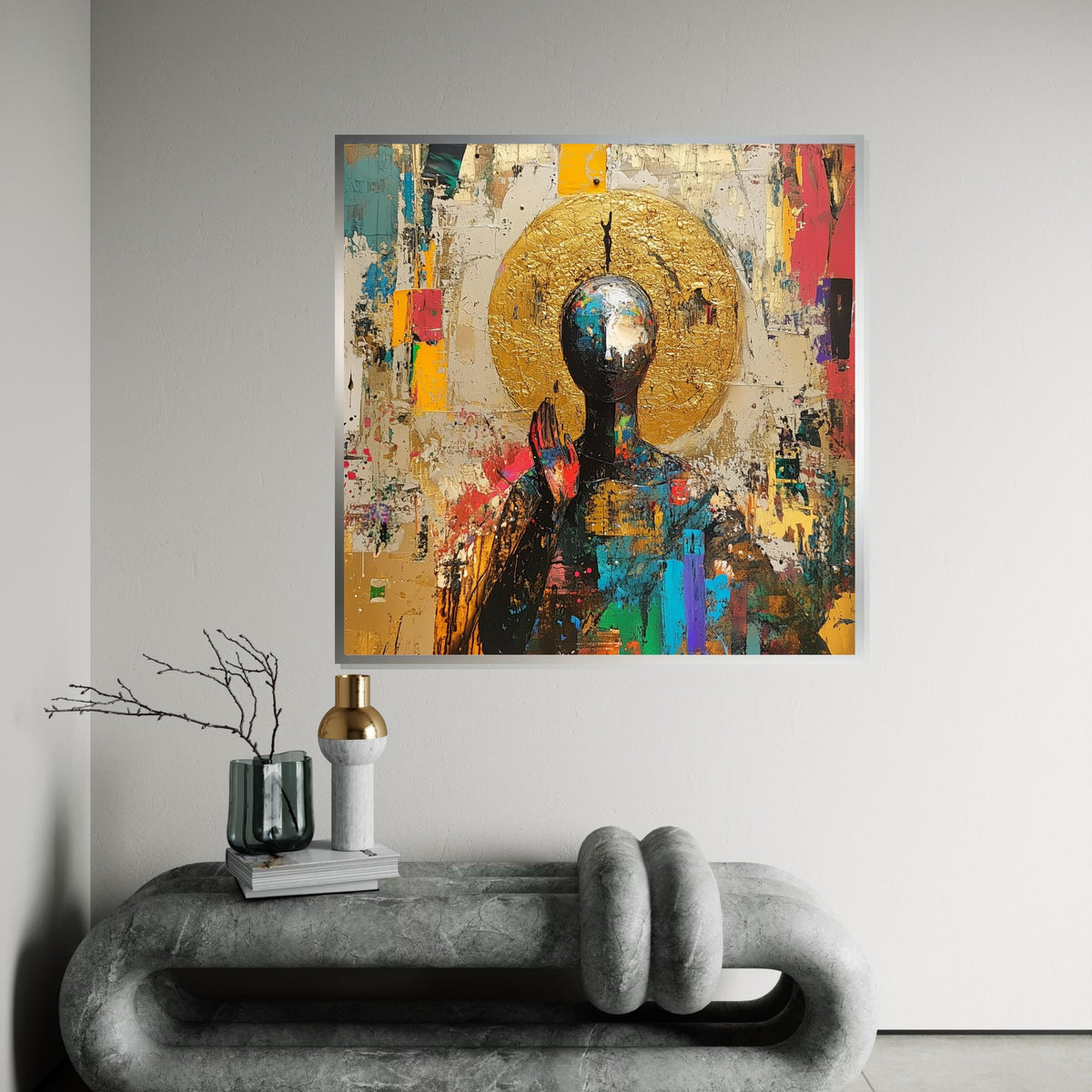 Abstract Spiritual Canvas Print, Buddha & Golden Aura Painting, Modern Zen Art, Meditation Decor, Sacred Symbolism Gift for Mindful Living