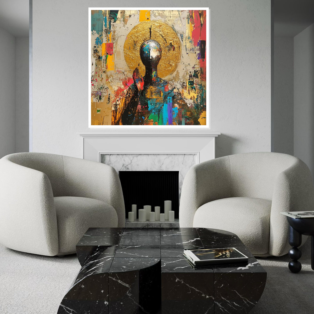Abstract Spiritual Canvas Print, Buddha & Golden Aura Painting, Modern Zen Art, Meditation Decor, Sacred Symbolism Gift for Mindful Living