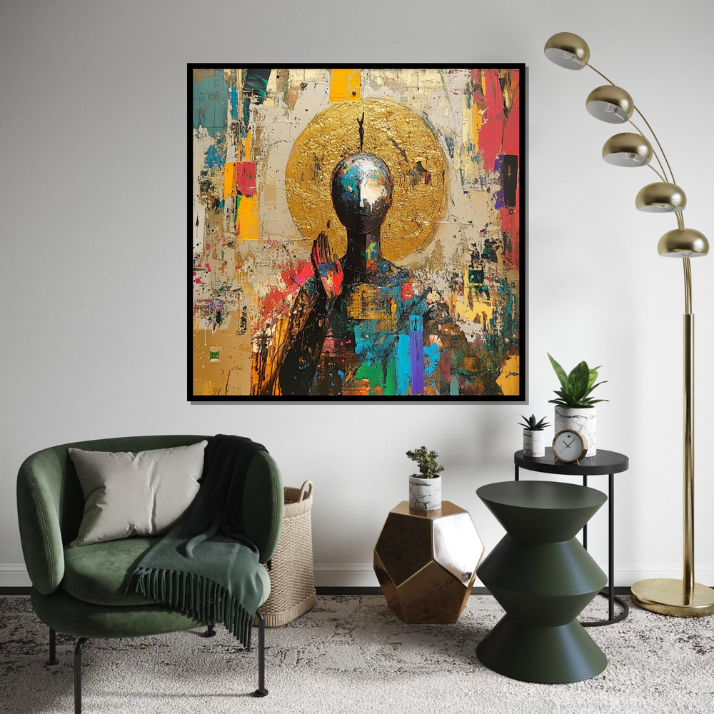 Abstract Spiritual Canvas Print, Buddha & Golden Aura Painting, Modern Zen Art, Meditation Decor, Sacred Symbolism Gift for Mindful Living