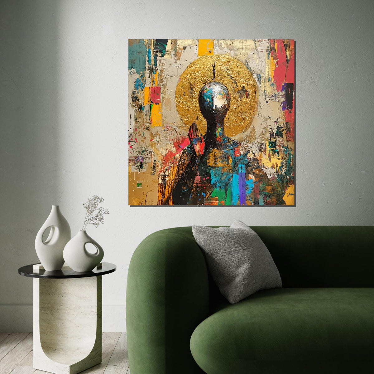Abstract Spiritual Canvas Print, Buddha & Golden Aura Painting, Modern Zen Art, Meditation Decor, Sacred Symbolism Gift for Mindful Living