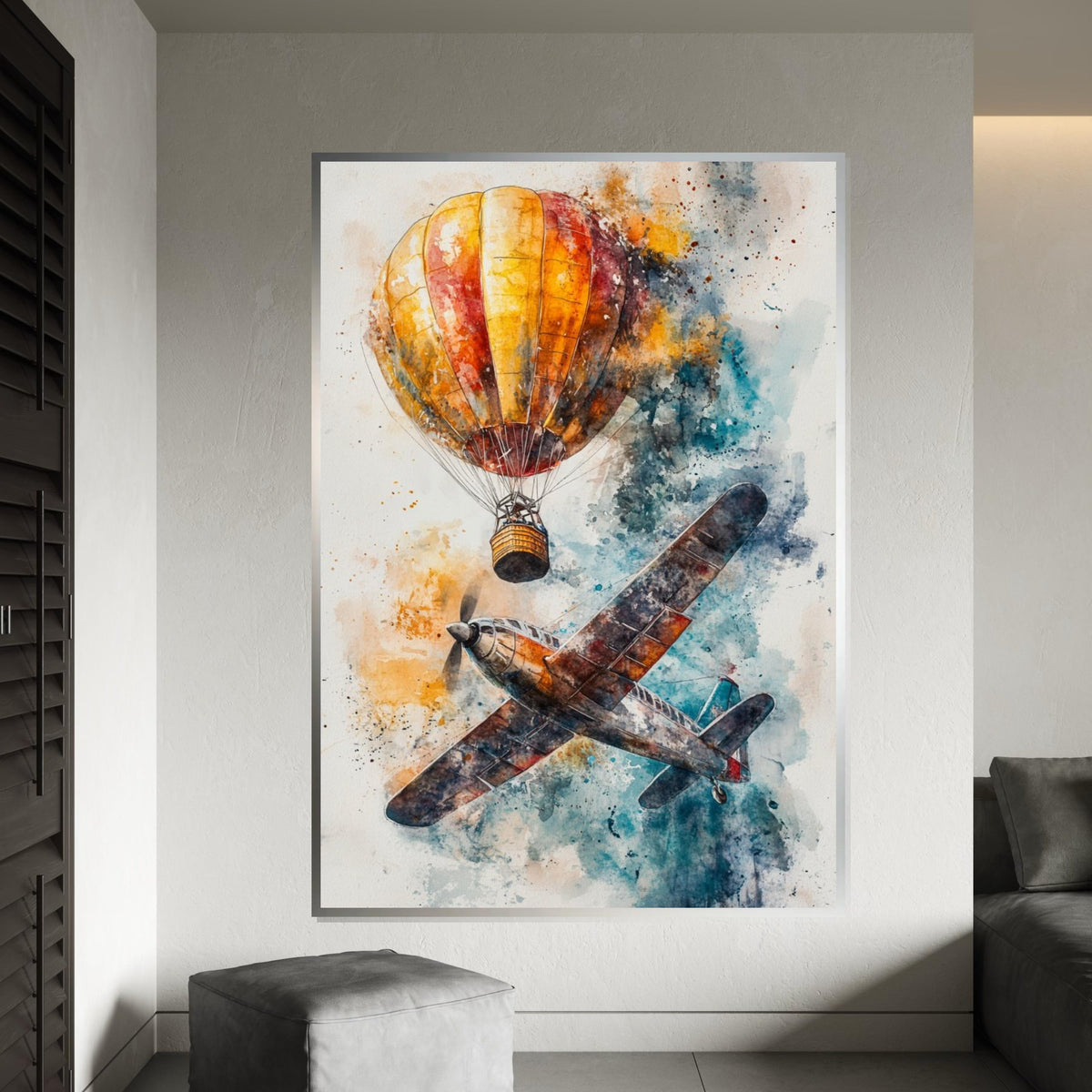 Airplane  Balloon Canvas, Vintage Aircraft Art, Hot Air Balloon Print, Aviation Wall Art, Wall Art Canvas Design, Ready to Hang Decor
