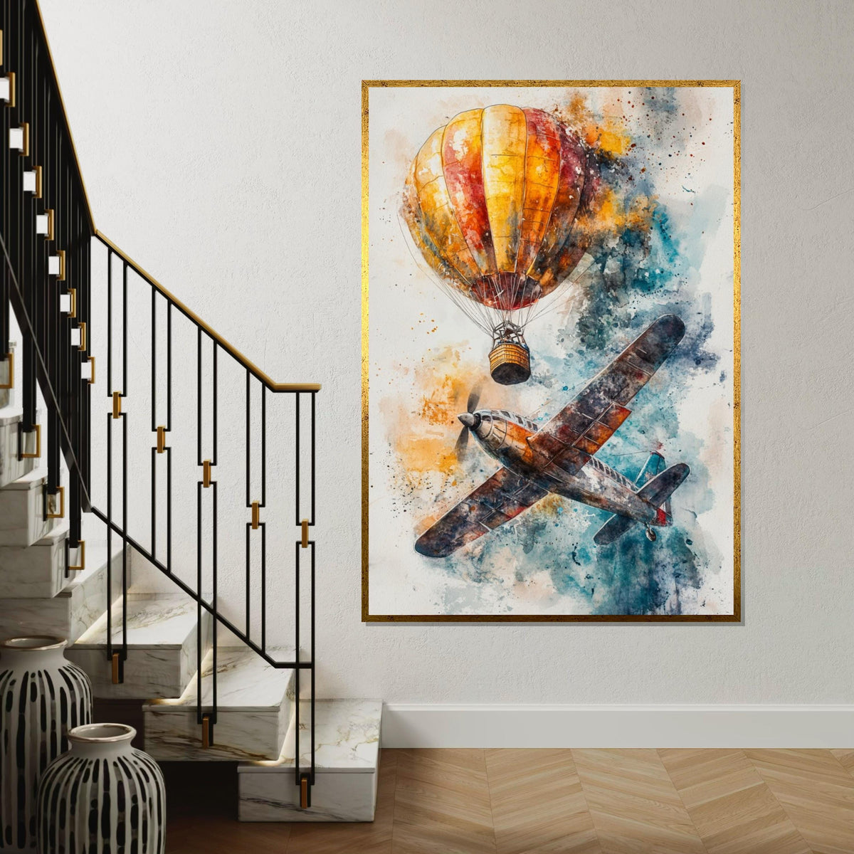 Airplane  Balloon Canvas, Vintage Aircraft Art, Hot Air Balloon Print, Aviation Wall Art, Wall Art Canvas Design, Ready to Hang Decor