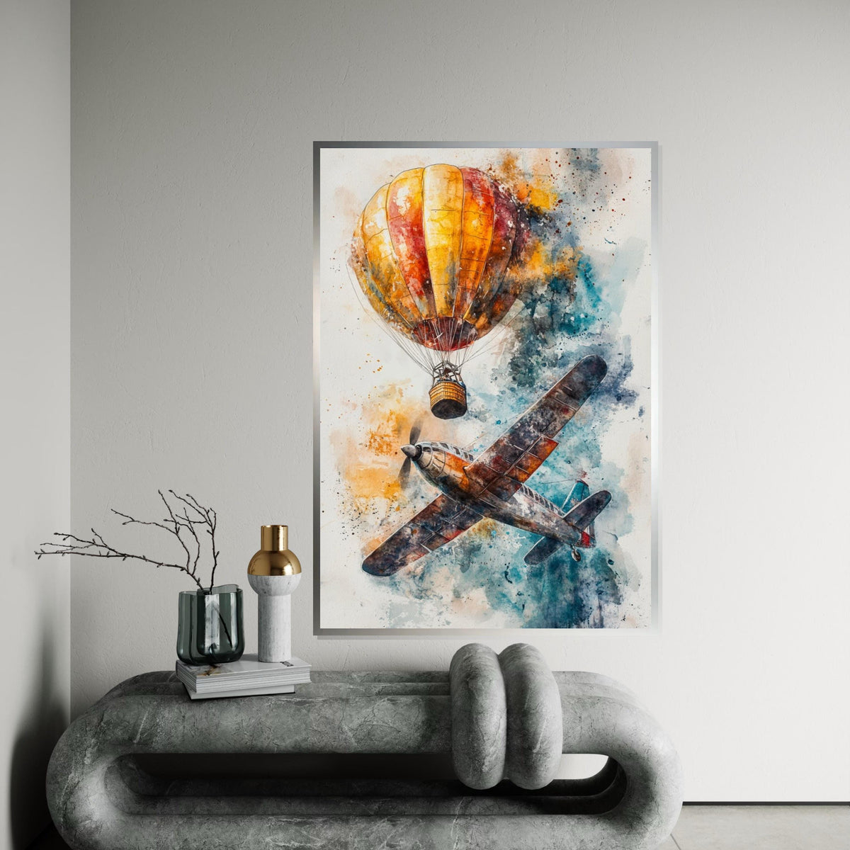 Airplane  Balloon Canvas, Vintage Aircraft Art, Hot Air Balloon Print, Aviation Wall Art, Wall Art Canvas Design, Ready to Hang Decor