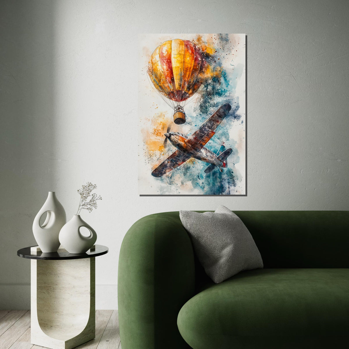 Airplane  Balloon Canvas, Vintage Aircraft Art, Hot Air Balloon Print, Aviation Wall Art, Wall Art Canvas Design, Ready to Hang Decor