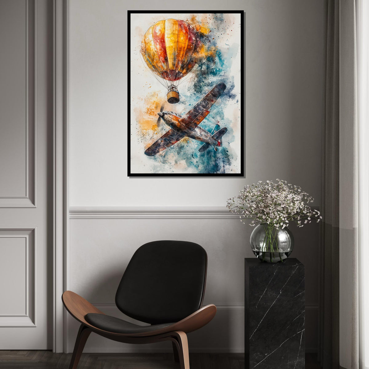 Airplane  Balloon Canvas, Vintage Aircraft Art, Hot Air Balloon Print, Aviation Wall Art, Wall Art Canvas Design, Ready to Hang Decor