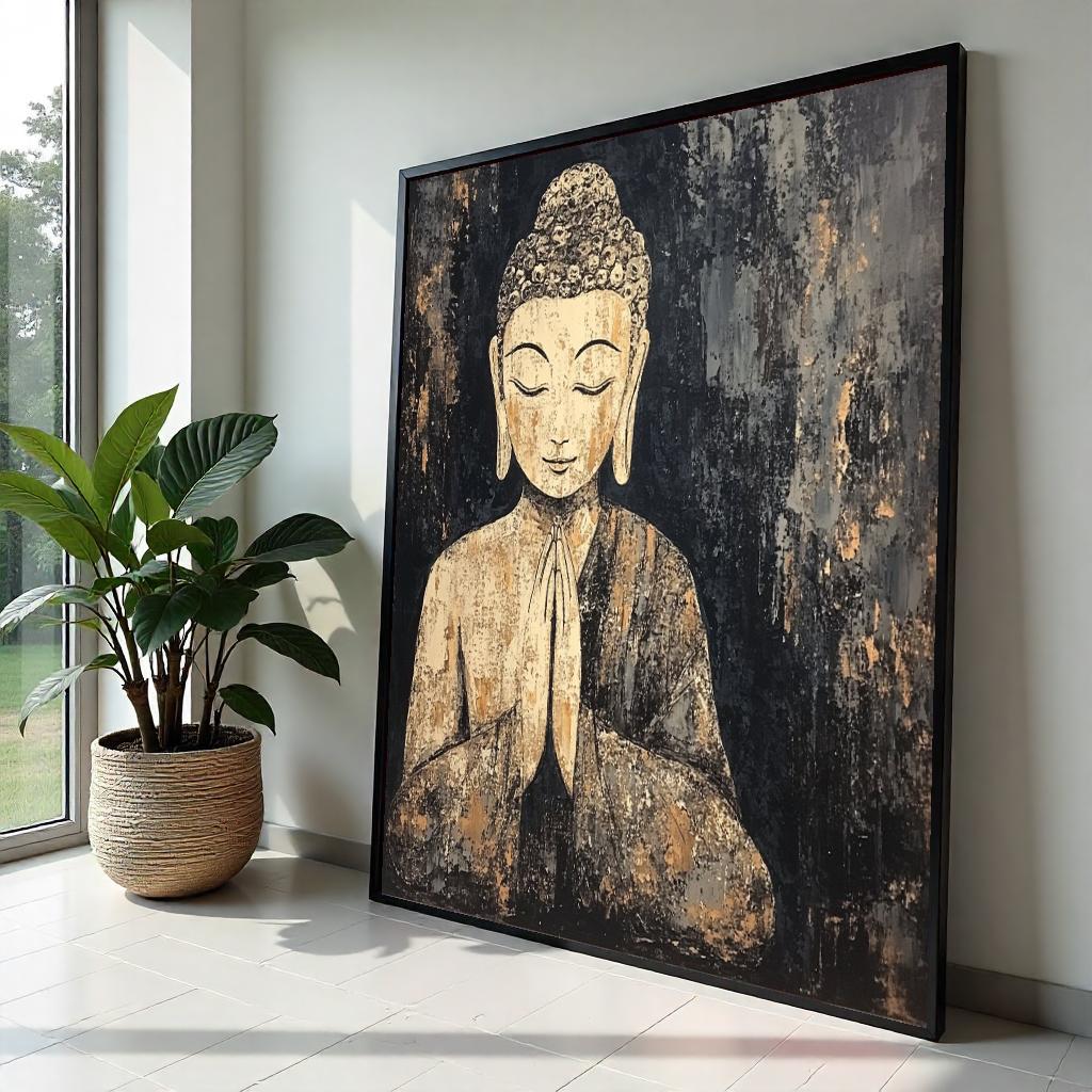 Rustic Gold Buddha Canvas, Zen Decor for Living Room, Meditation Wall Art, Spiritual Boho Painting, Modern Mindful Gift