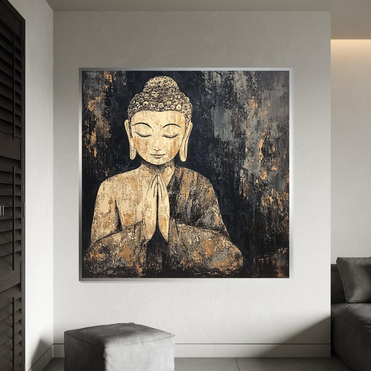 Rustic Gold Buddha Canvas, Zen Decor for Living Room, Meditation Wall Art, Spiritual Boho Painting, Modern Mindful Gift