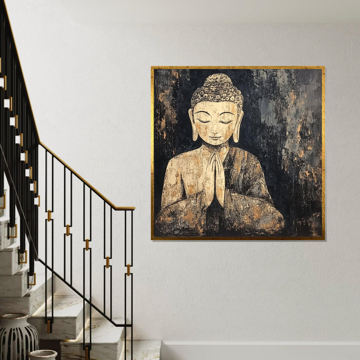 Rustic Gold Buddha Canvas, Zen Decor for Living Room, Meditation Wall Art, Spiritual Boho Painting, Modern Mindful Gift