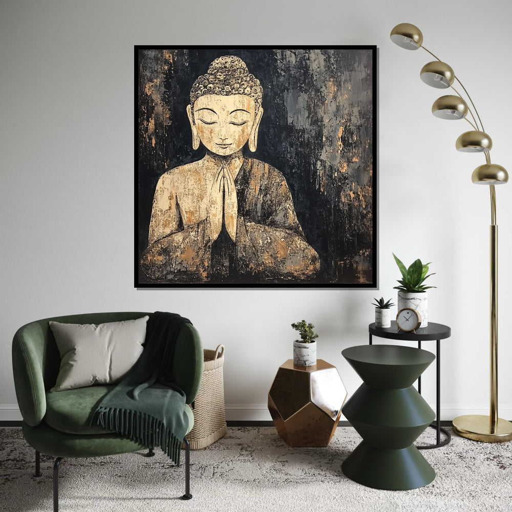 Rustic Gold Buddha Canvas, Zen Decor for Living Room, Meditation Wall Art, Spiritual Boho Painting, Modern Mindful Gift
