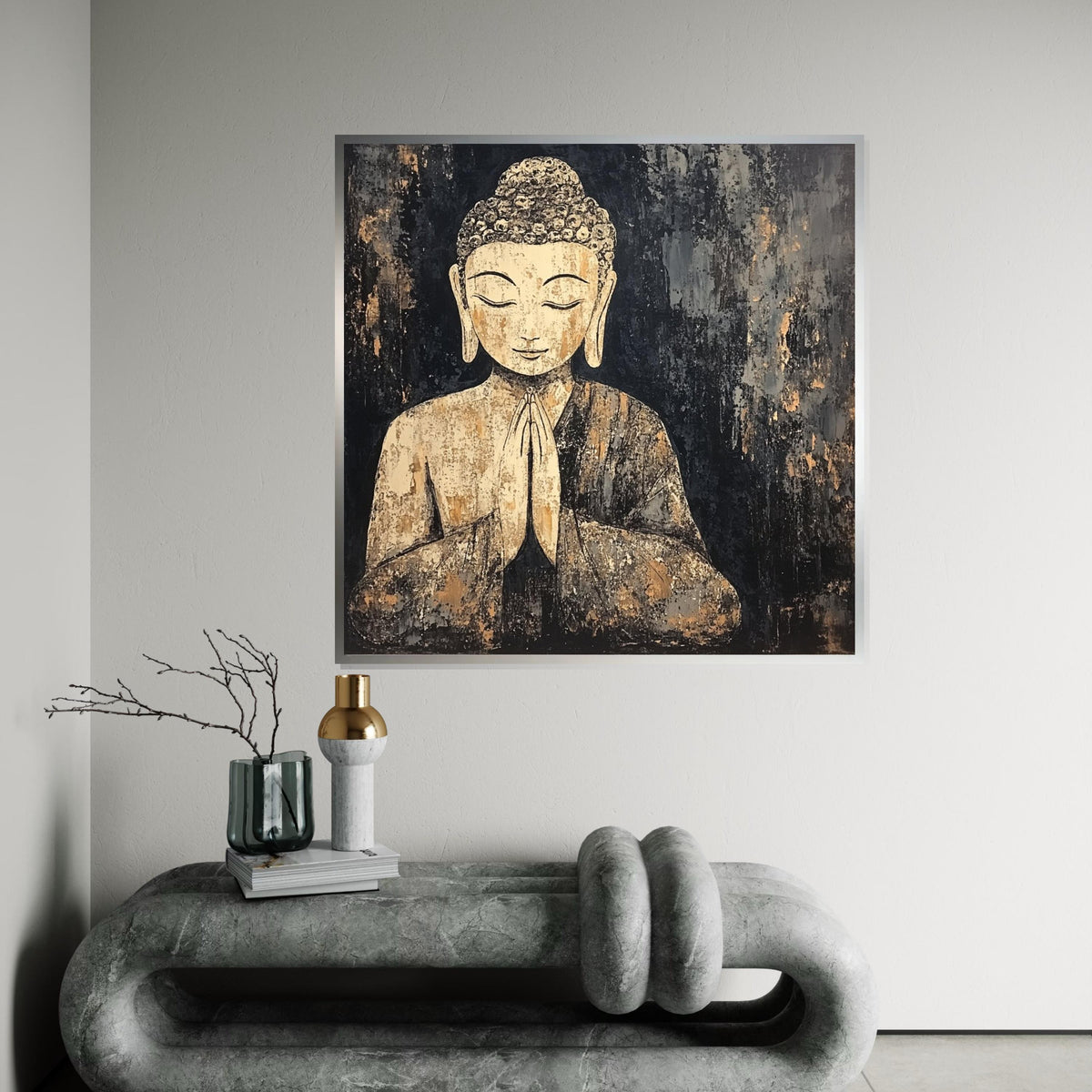 Rustic Gold Buddha Canvas, Zen Decor for Living Room, Meditation Wall Art, Spiritual Boho Painting, Modern Mindful Gift