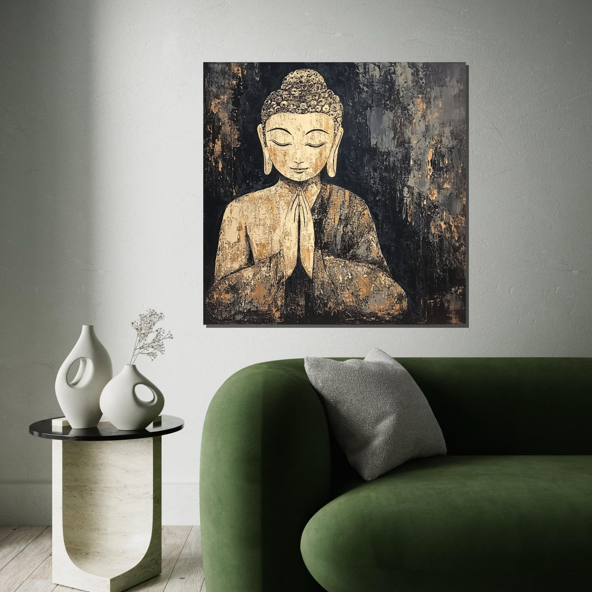 Rustic Gold Buddha Canvas, Zen Decor for Living Room, Meditation Wall Art, Spiritual Boho Painting, Modern Mindful Gift