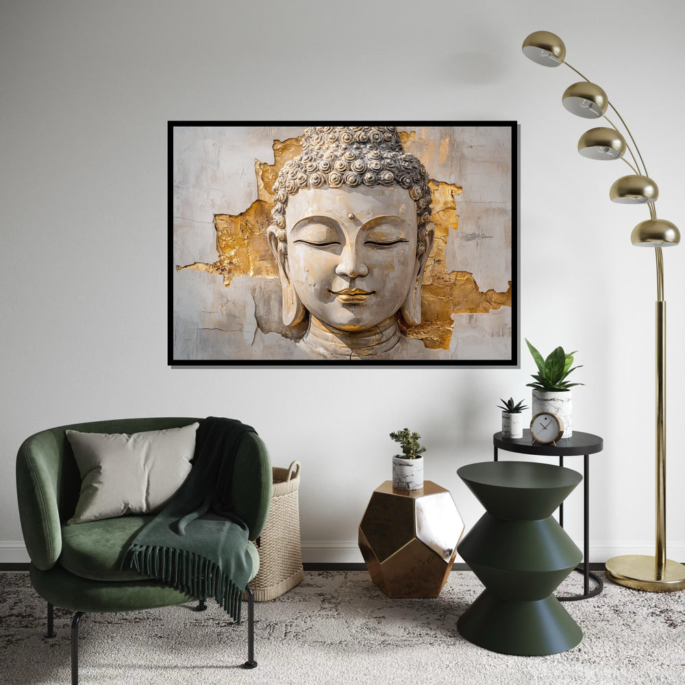 White & Gold Buddha Canvas, Elegant Zen Wall Art, Modern Spiritual Decor, Mindful Gift for Home or Yoga Studio