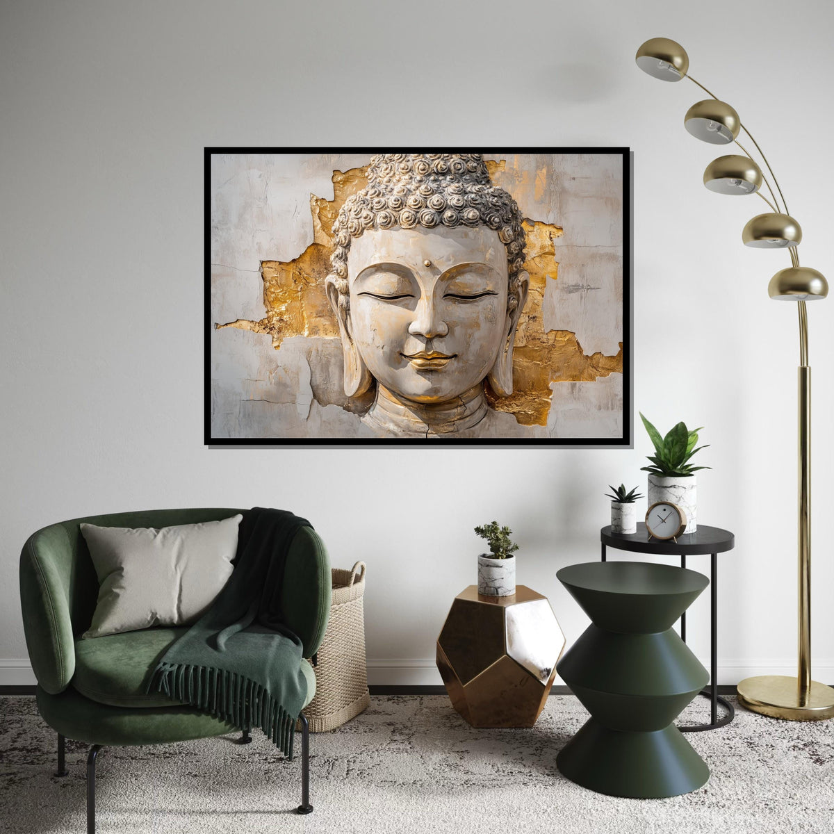 White & Gold Buddha Canvas, Elegant Zen Wall Art, Modern Spiritual Decor, Mindful Gift for Home or Yoga Studio