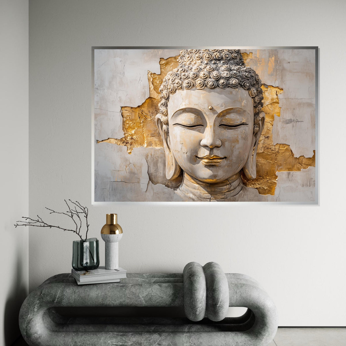 White & Gold Buddha Canvas, Elegant Zen Wall Art, Modern Spiritual Decor, Mindful Gift for Home or Yoga Studio