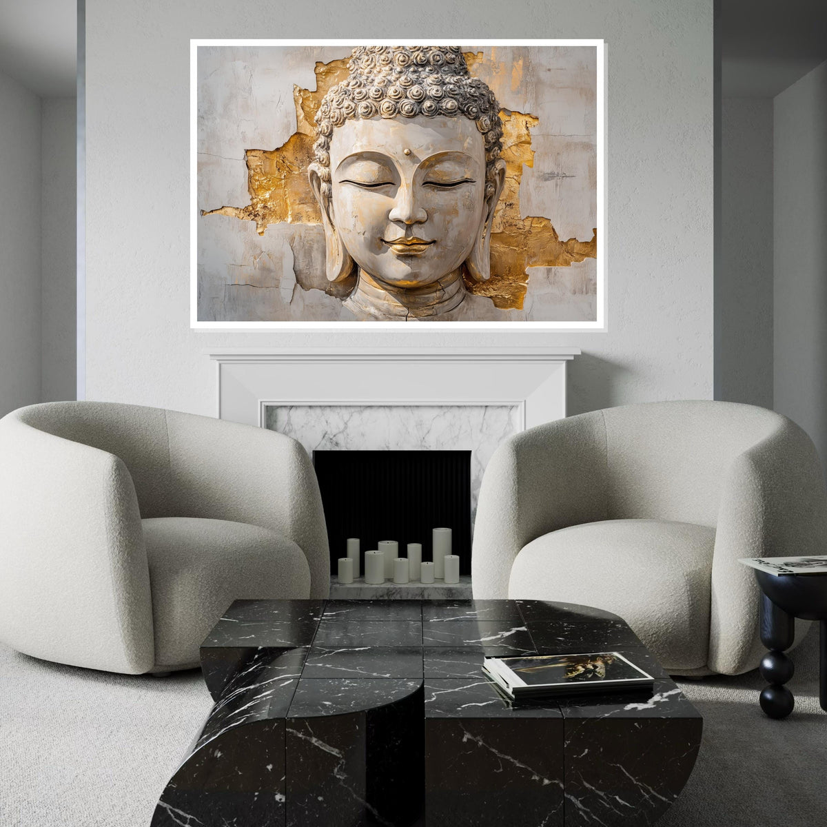White & Gold Buddha Canvas, Elegant Zen Wall Art, Modern Spiritual Decor, Mindful Gift for Home or Yoga Studio