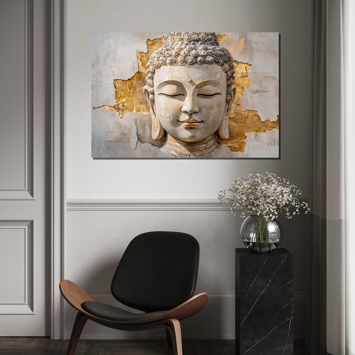 White & Gold Buddha Canvas, Elegant Zen Wall Art, Modern Spiritual Decor, Mindful Gift for Home or Yoga Studio