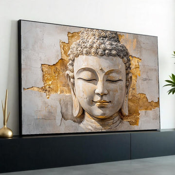 White & Gold Buddha Canvas, Elegant Zen Wall Art, Modern Spiritual Decor, Mindful Gift for Home or Yoga Studio