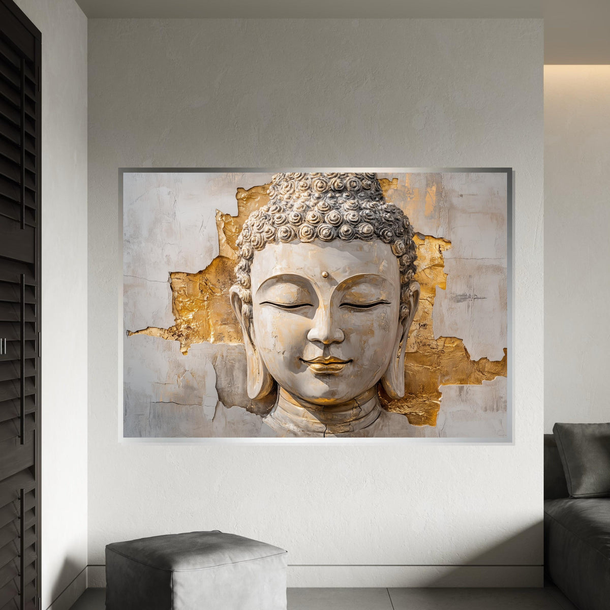 White & Gold Buddha Canvas, Elegant Zen Wall Art, Modern Spiritual Decor, Mindful Gift for Home or Yoga Studio