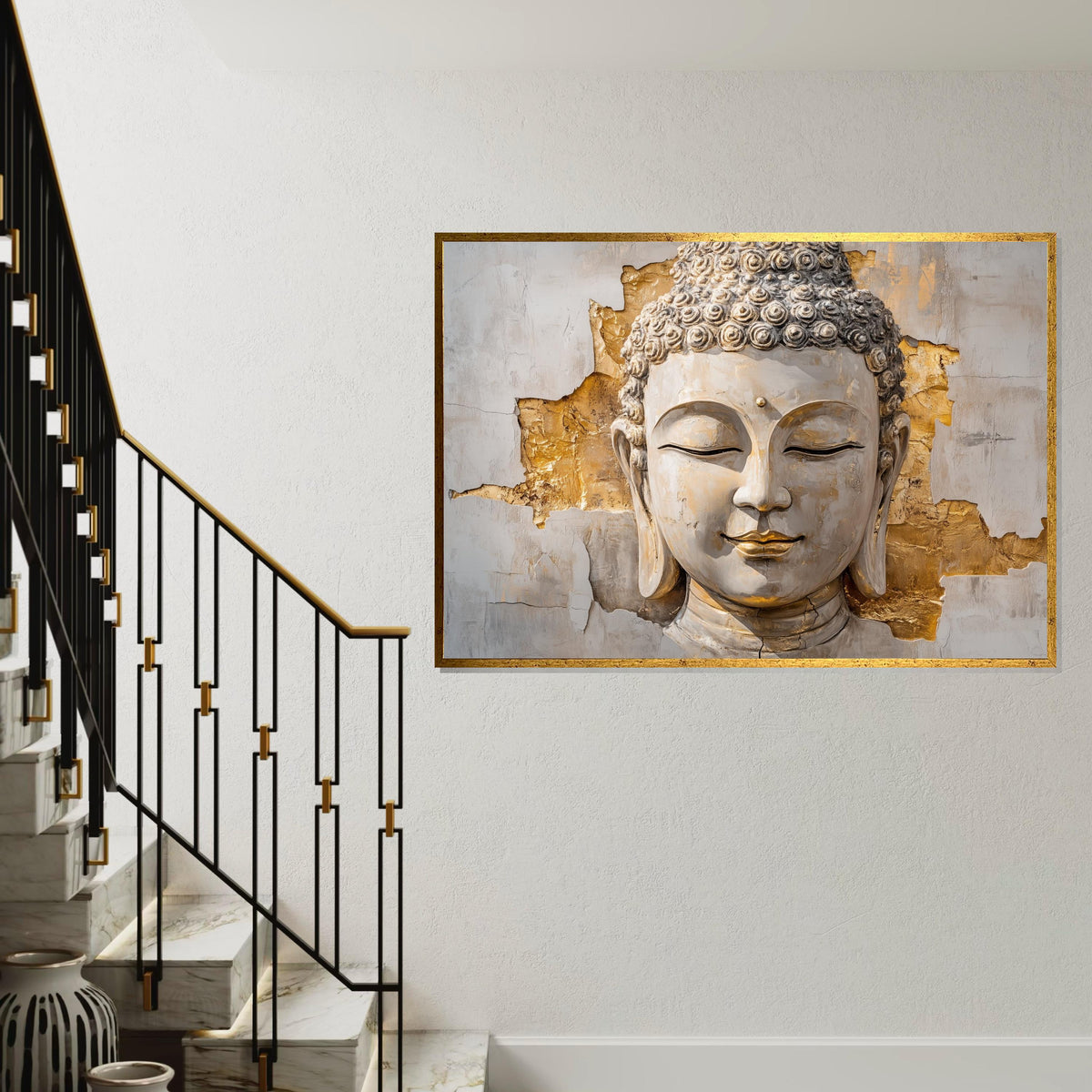 White & Gold Buddha Canvas, Elegant Zen Wall Art, Modern Spiritual Decor, Mindful Gift for Home or Yoga Studio