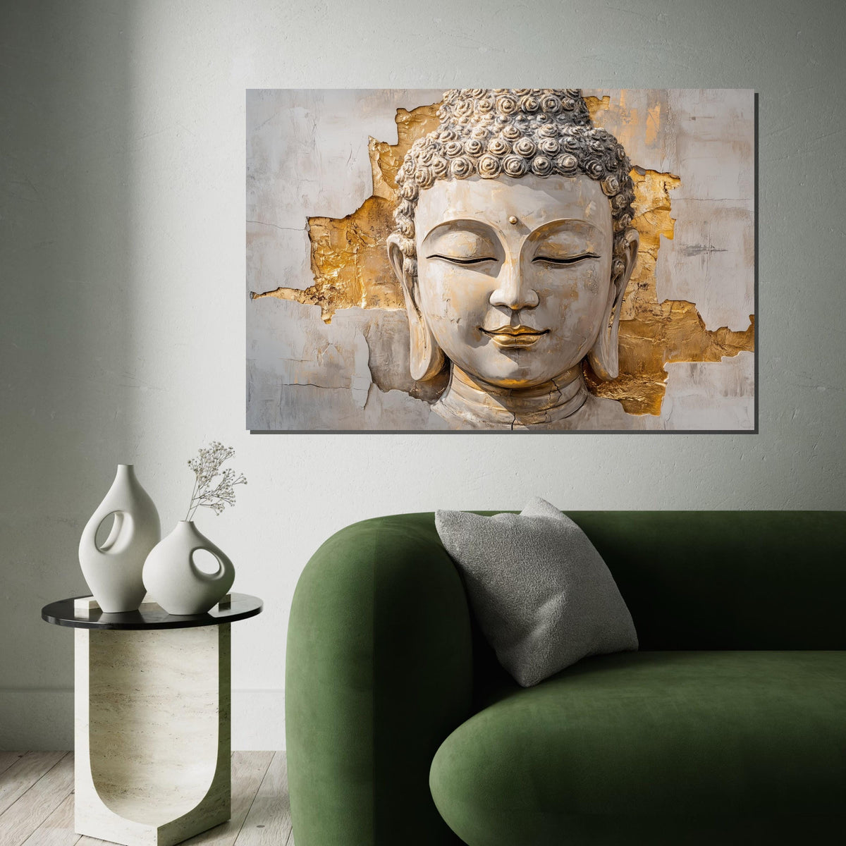 White & Gold Buddha Canvas, Elegant Zen Wall Art, Modern Spiritual Decor, Mindful Gift for Home or Yoga Studio