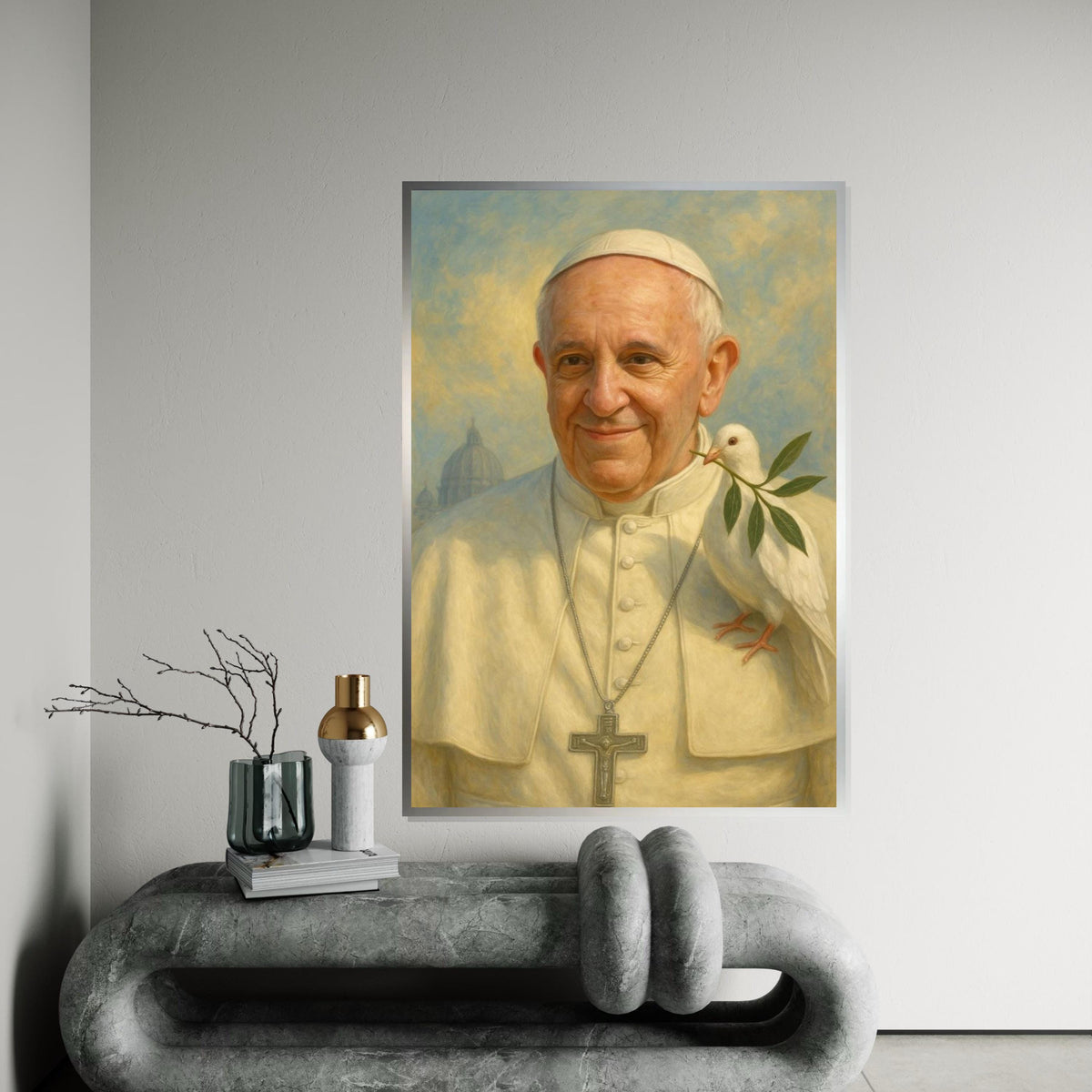 Catholic Pope Portrait with Dove Canvas Print – Peaceful Religious Wall Art, Inspirational Spiritual Décor for Home or Church