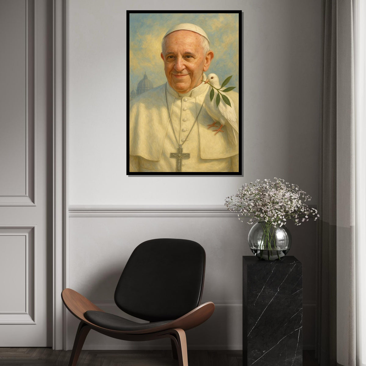 Catholic Pope Portrait with Dove Canvas Print – Peaceful Religious Wall Art, Inspirational Spiritual Décor for Home or Church