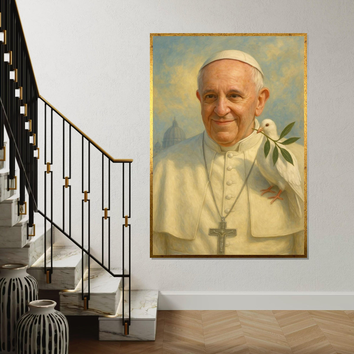 Catholic Pope Portrait with Dove Canvas Print – Peaceful Religious Wall Art, Inspirational Spiritual Décor for Home or Church
