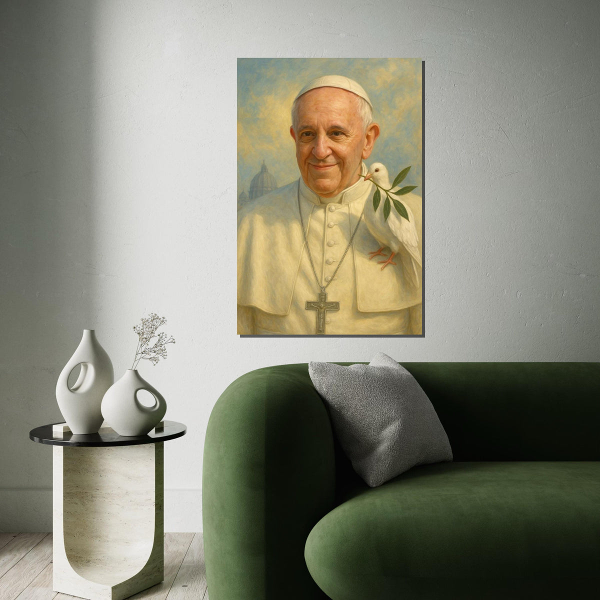 Catholic Pope Portrait with Dove Canvas Print – Peaceful Religious Wall Art, Inspirational Spiritual Décor for Home or Church
