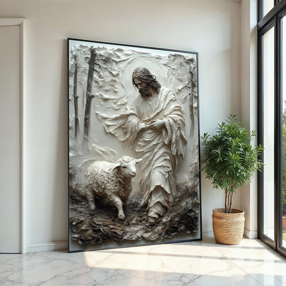 Hyper-Good Shepherd Canvas Print – 3D Impasto Jesus With Lamb, Earthy Neutral Christian Wall Art, Inspirational Faith Décor Gift