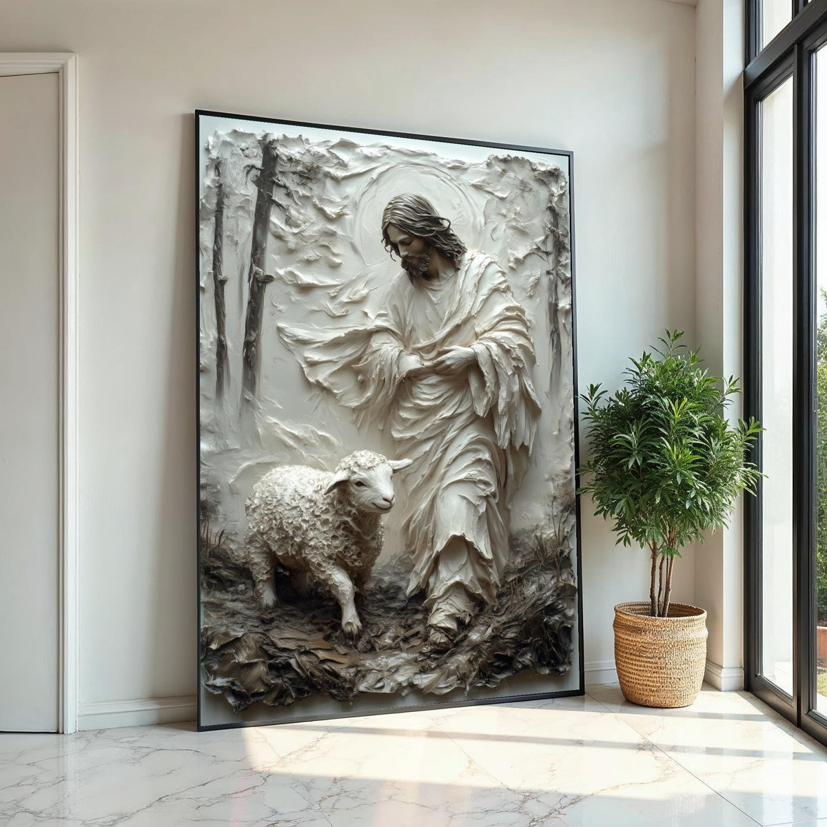 Hyper-Good Shepherd Canvas Print – 3D Impasto Jesus With Lamb, Earthy Neutral Christian Wall Art, Inspirational Faith Décor Gift