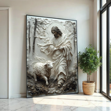 Hyper-Good Shepherd Canvas Print – 3D Impasto Jesus With Lamb, Earthy Neutral Christian Wall Art, Inspirational Faith Décor Gift