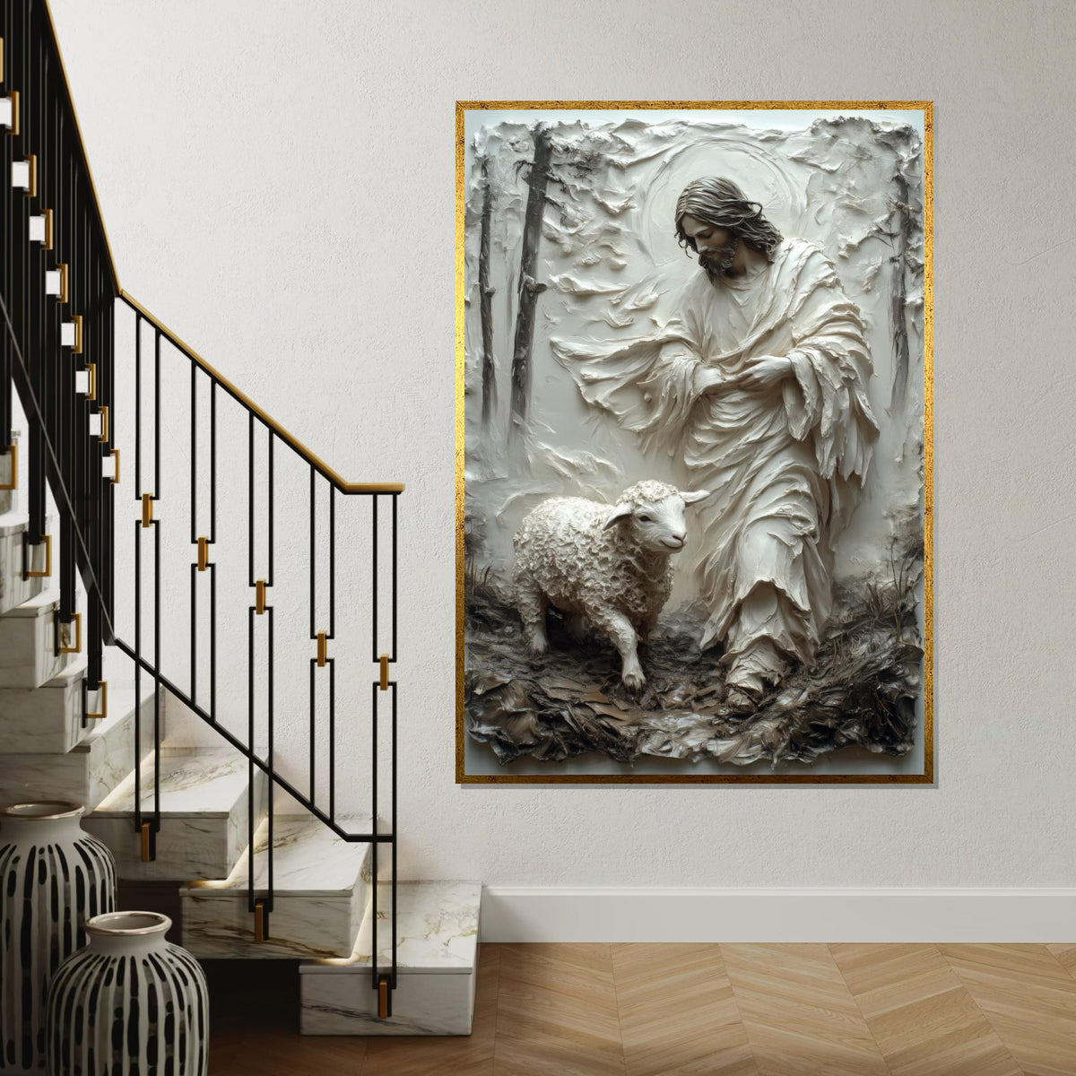 Hyper-Good Shepherd Canvas Print – 3D Impasto Jesus With Lamb, Earthy Neutral Christian Wall Art, Inspirational Faith Décor Gift