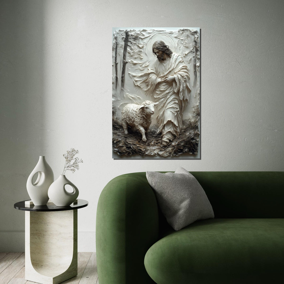 Hyper-Good Shepherd Canvas Print – 3D Impasto Jesus With Lamb, Earthy Neutral Christian Wall Art, Inspirational Faith Décor Gift