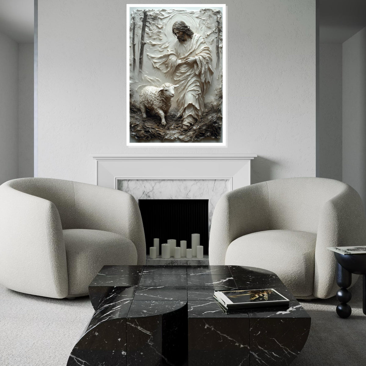 Hyper-Good Shepherd Canvas Print – 3D Impasto Jesus With Lamb, Earthy Neutral Christian Wall Art, Inspirational Faith Décor Gift