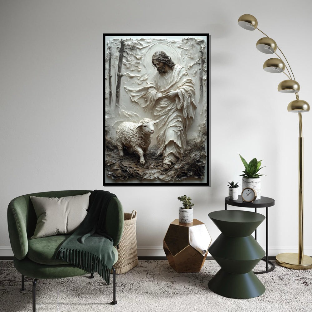Hyper-Good Shepherd Canvas Print – 3D Impasto Jesus With Lamb, Earthy Neutral Christian Wall Art, Inspirational Faith Décor Gift