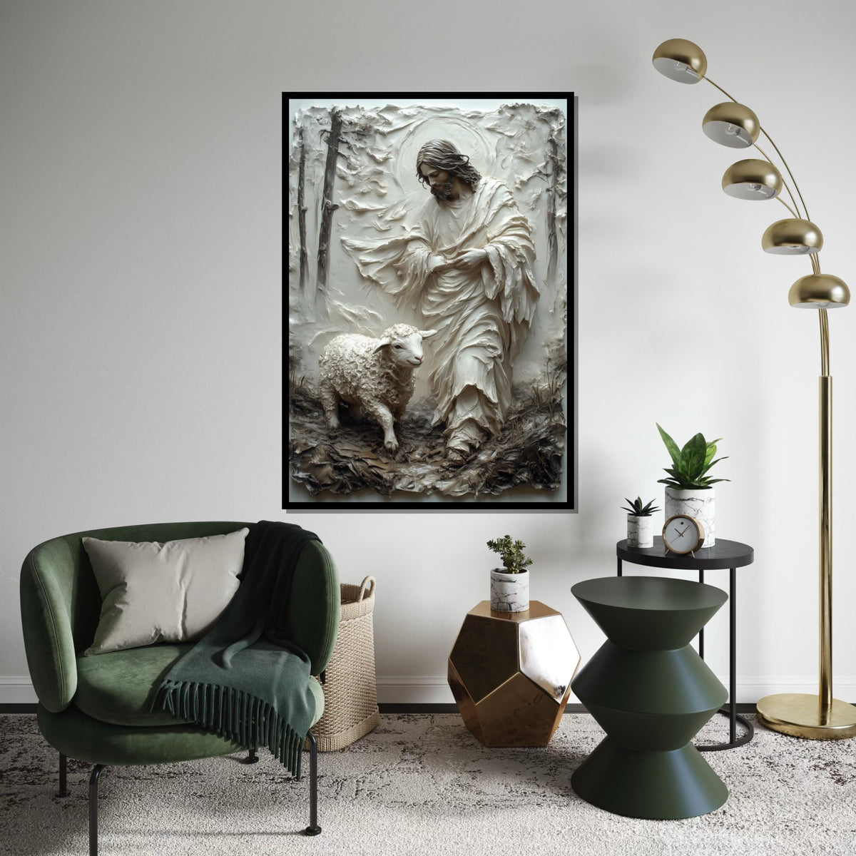 Hyper-Good Shepherd Canvas Print – 3D Impasto Jesus With Lamb, Earthy Neutral Christian Wall Art, Inspirational Faith Décor Gift