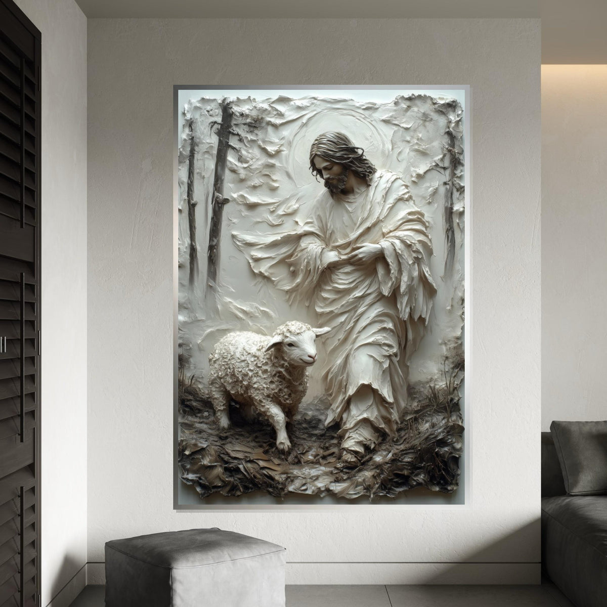 Hyper-Good Shepherd Canvas Print – 3D Impasto Jesus With Lamb, Earthy Neutral Christian Wall Art, Inspirational Faith Décor Gift