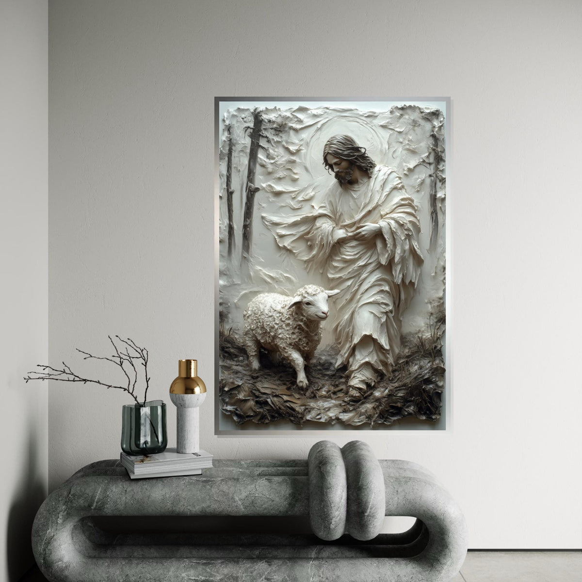 Hyper-Good Shepherd Canvas Print – 3D Impasto Jesus With Lamb, Earthy Neutral Christian Wall Art, Inspirational Faith Décor Gift