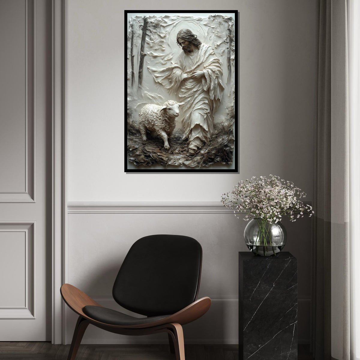 Hyper-Good Shepherd Canvas Print – 3D Impasto Jesus With Lamb, Earthy Neutral Christian Wall Art, Inspirational Faith Décor Gift