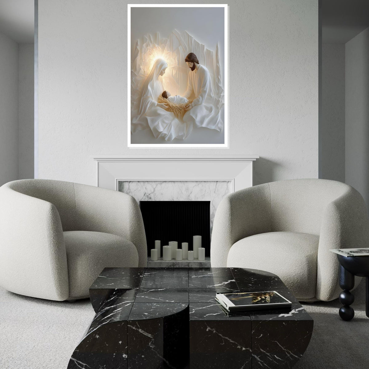 Minimalist Nativity Scene Canvas Print – Modern White Holy Family Wall Art, Neutral Christmas Décor, Scandinavian Christian Gift