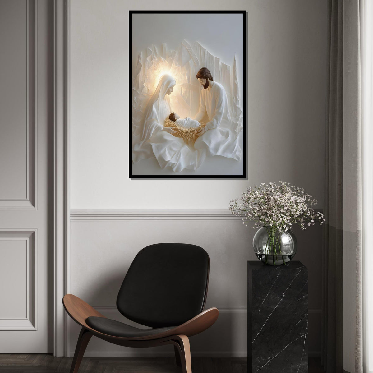 Minimalist Nativity Scene Canvas Print – Modern White Holy Family Wall Art, Neutral Christmas Décor, Scandinavian Christian Gift