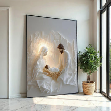 Minimalist Nativity Scene Canvas Print – Modern White Holy Family Wall Art, Neutral Christmas Décor, Scandinavian Christian Gift