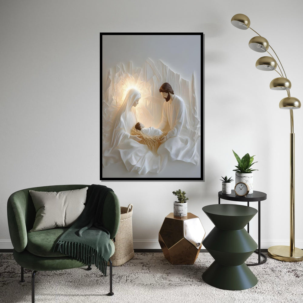 Minimalist Nativity Scene Canvas Print – Modern White Holy Family Wall Art, Neutral Christmas Décor, Scandinavian Christian Gift