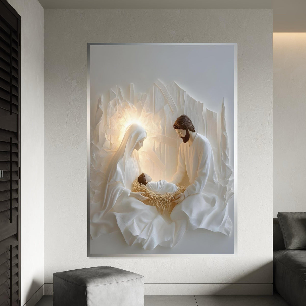 Minimalist Nativity Scene Canvas Print – Modern White Holy Family Wall Art, Neutral Christmas Décor, Scandinavian Christian Gift