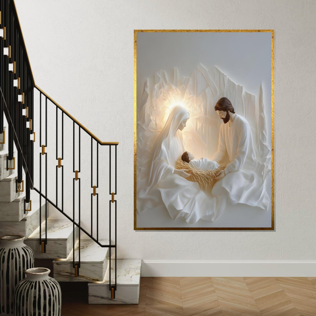 Minimalist Nativity Scene Canvas Print – Modern White Holy Family Wall Art, Neutral Christmas Décor, Scandinavian Christian Gift