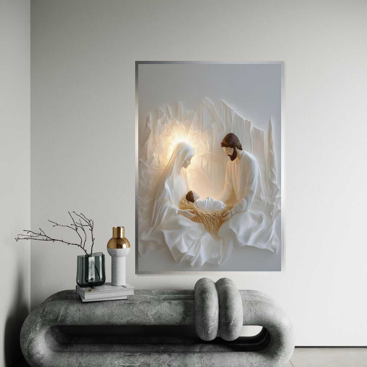 Minimalist Nativity Scene Canvas Print – Modern White Holy Family Wall Art, Neutral Christmas Décor, Scandinavian Christian Gift