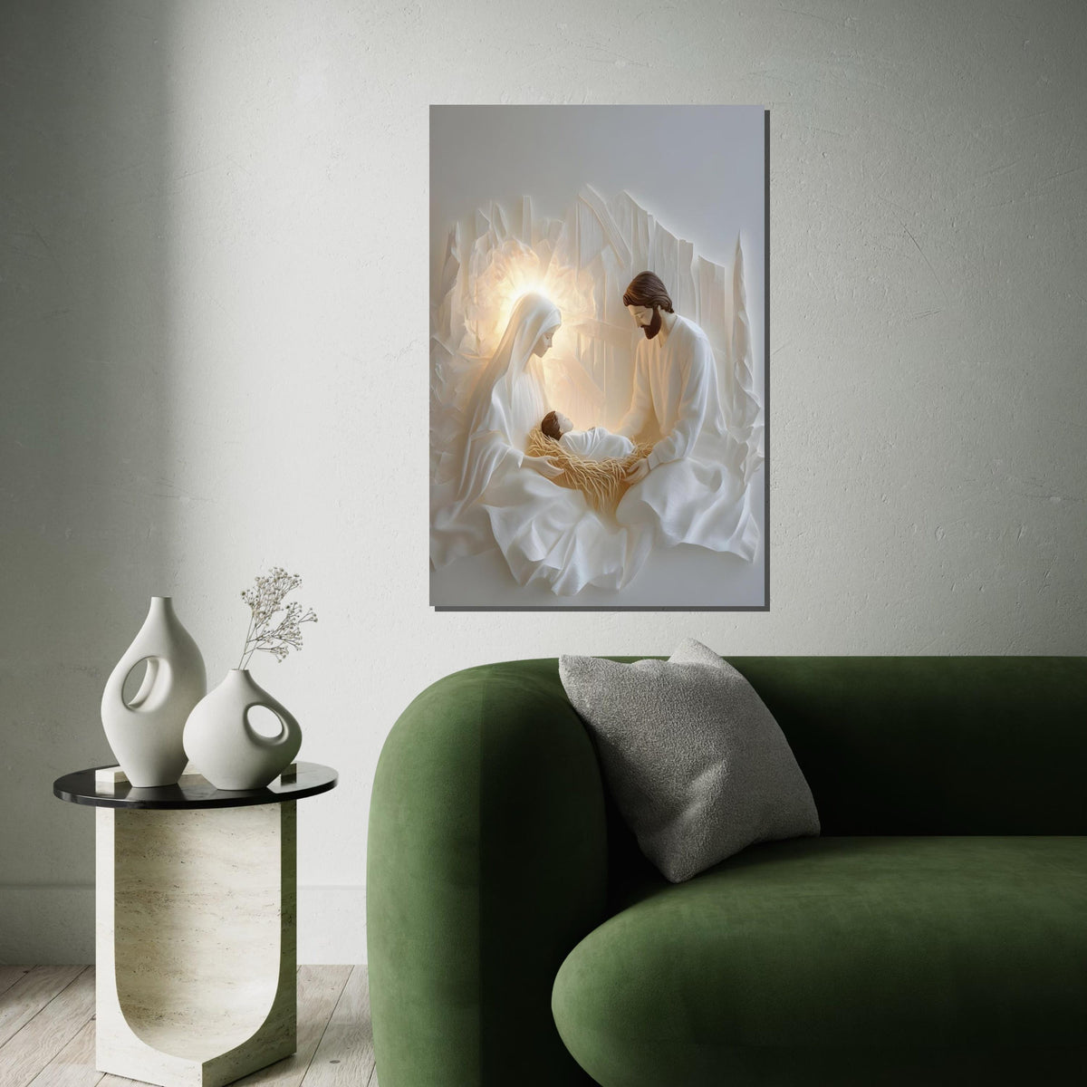 Minimalist Nativity Scene Canvas Print – Modern White Holy Family Wall Art, Neutral Christmas Décor, Scandinavian Christian Gift