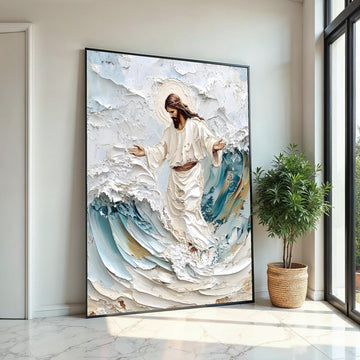 Impasto Jesus Walking on Waves Canvas Print – Textured Christian Wall Art, Blue & Cream Coastal Faith Décor, Inspirational Gift